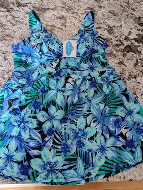 Beach Belle Tropical Blue Floral Swim Dress NWT